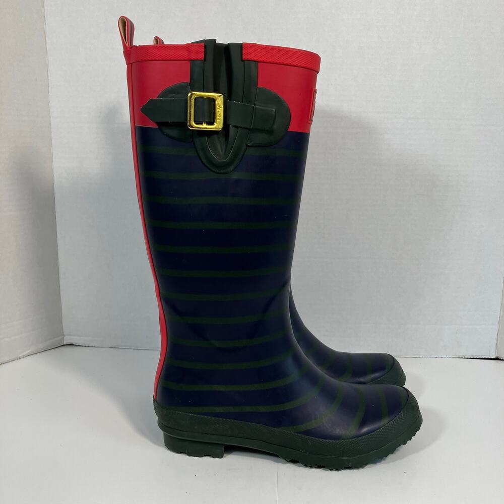 Joules Sz 7 Tall Welly Print Rain Boots Navy & Green Stripe Gold Buckle - Picture 7 of 16
